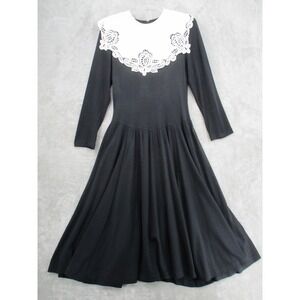 Vintage Ambria Dress Womens 8 Lace Linen Collar Modest Cottage Prairie Black Zip